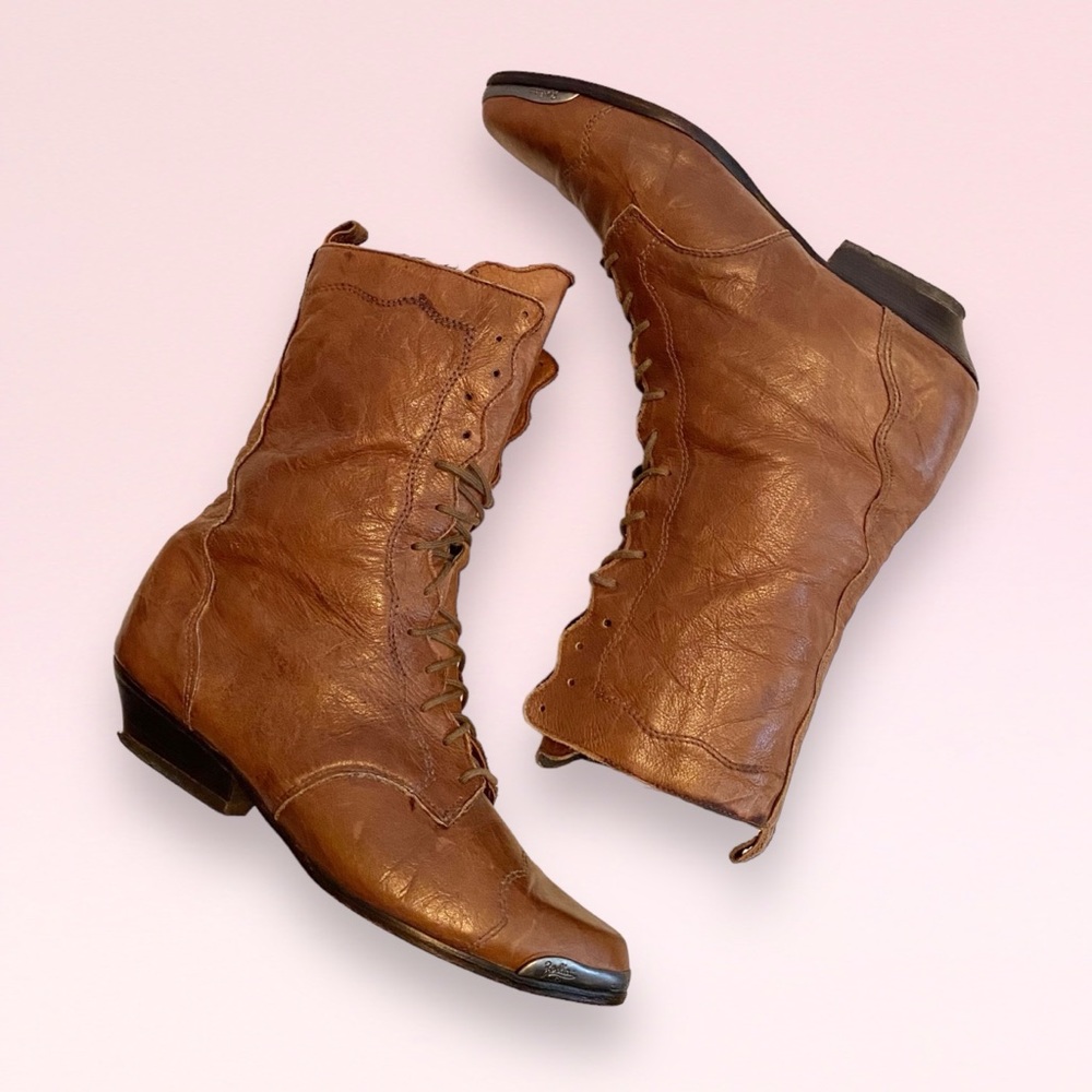 Vintage Zodiac Brown Leather Victorian Style Lace Up Western Boots SZ 6.5